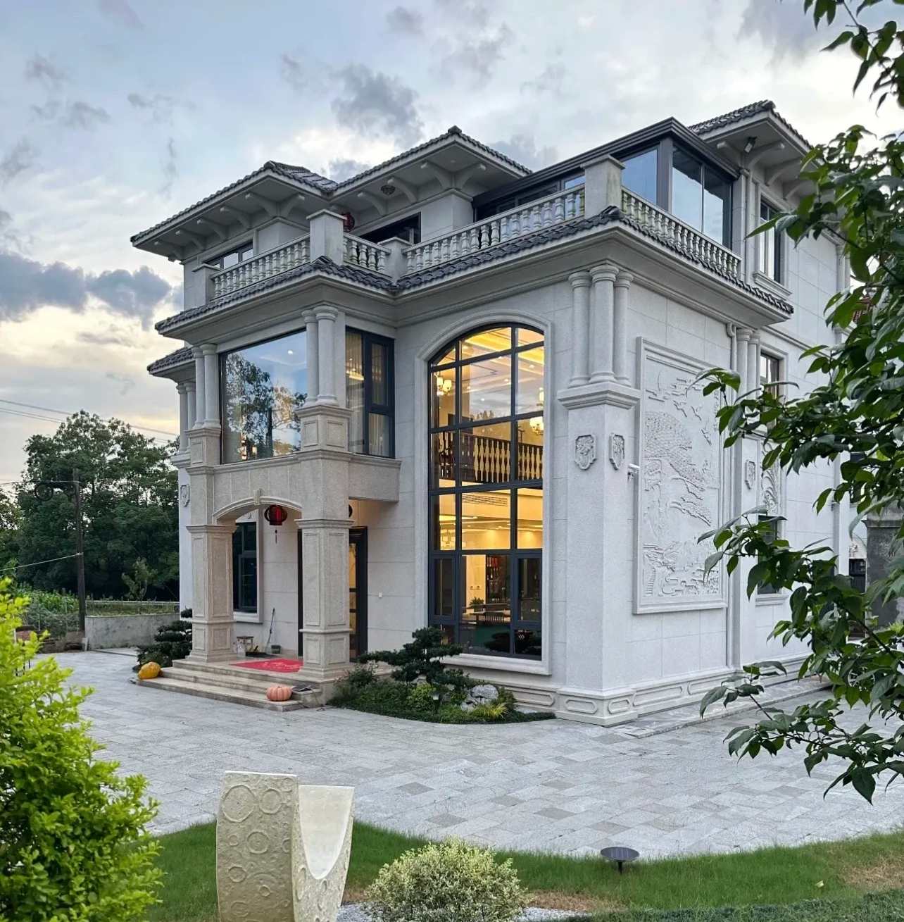 天水 白麻花岗岩私人别墅干挂石材豪华定制